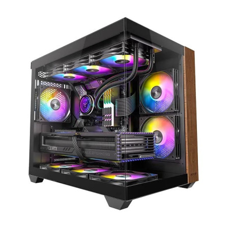 OKINOS M6 ARGB ATX Genuine Walnut Wood, Panoramic View, Type-C, 4 x120mm ARGB & PWM Fans included,Tempered Glass Side Panel, Bla