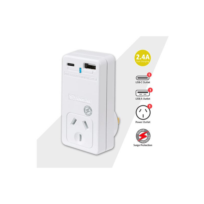 Sansai USB C + A 2xUSB charging Outlets Power Adaptor 240V 10A Surge protection Power status indicator Wall Charger