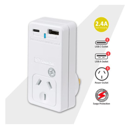 Sansai USB C + A 2xUSB charging Outlets Power Adaptor 240V 10A Surge protection Power status indicator Wall Charger