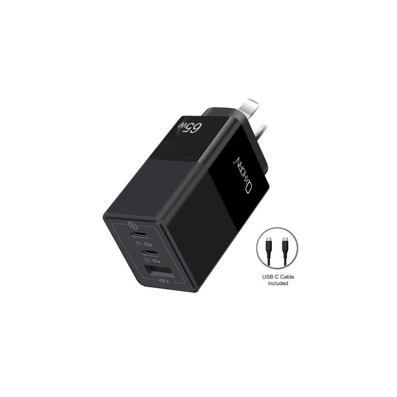 Oxhorn 65W GaN Type C fast Charger 3 Port 2xUSB-C 1xUSB-A PD3.0 QC4.0 PPS AUS Approved C-tick Black with cable