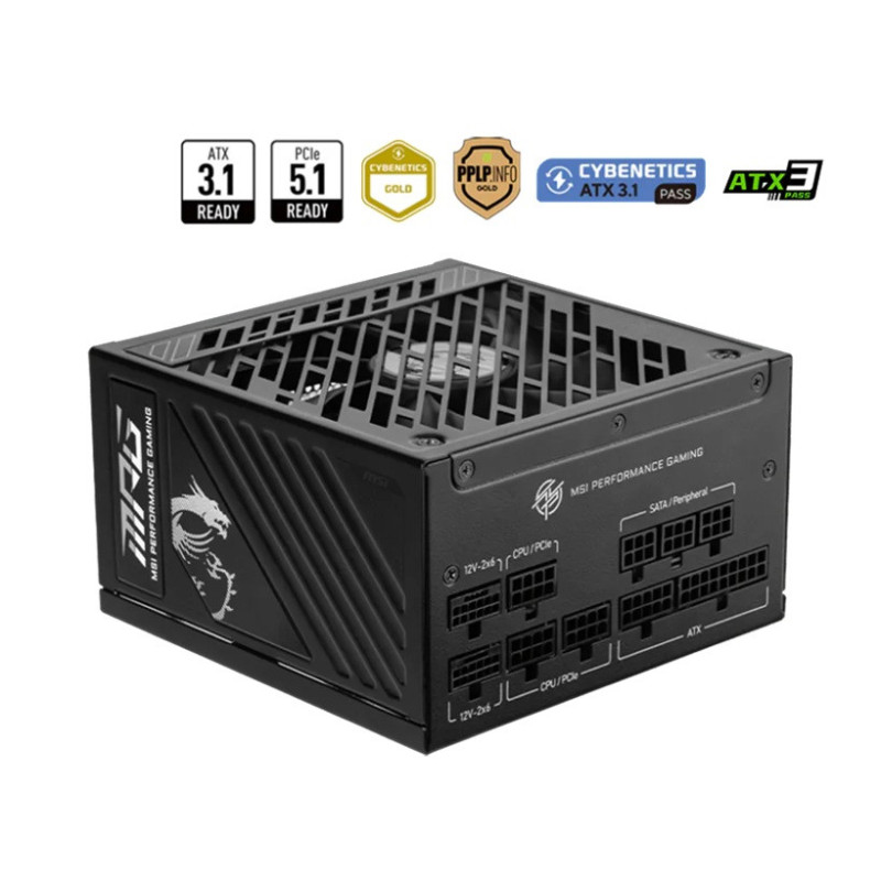 MSI MPG A1000GS PCIE5 1000W ATX Power Supply Unit, 80 PLUS Gold, Fully modular flat cables, 0 RPM Mode, Active PFC design