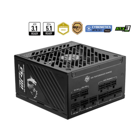 MSI MPG A1000GS PCIE5 1000W ATX Power Supply Unit, 80 PLUS Gold, Fully modular flat cables, 0 RPM Mode, Active PFC design