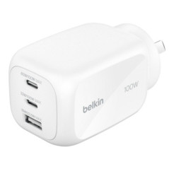 Belkin BoostCharge Pro 100W 3-Port GaN Wall Charger - White (WCH016AUWH), 2x USB-C, 1x USB-A, Compact Laptop Charger, CEW $2500,