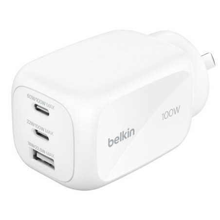 Belkin BoostCharge Pro 100W 3-Port GaN Wall Charger - White (WCH016AUWH), 2x USB-C, 1x USB-A, Compact Laptop Charger, CEW $2500,