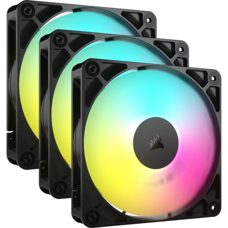 Corsair RS120 ARGB 120mm PWM Fans - Triple Pack - Black: 72.8 CFM, 2100 RPM, 36 dBA, 0.4A, RGB lighting, Static Pressure, Magnet