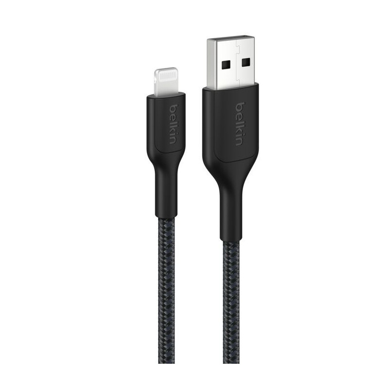 Belkin BoostCharge Pro Braided Lightning to USB-A Cable (0.15M) - Black (CAA020FQ0MBK), 2.4A/15W, 480Mbps, 350K Bends, MFI-Certi