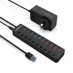 48W 10-Port USB 3.0 Hub and Charger with Individual Switches 12V/4A Power Adapter BC1.2 Fast Charging