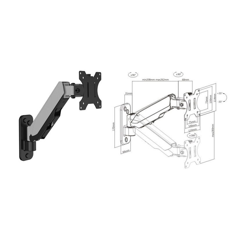 Brateck Single Screen Wall Mounted Gas Spring Monitor Arm 17-32in