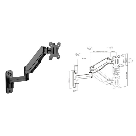 Brateck Single Screen Wall-Mounted Gas Spring Monitor Arm 17in-32in - Black