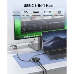 BENFEI 399BK 6-in-1 USB-C HUB to HDMI(8K)+USB3.2(10Gbps)+USB2.0x2+PD100W+RJ45 Black