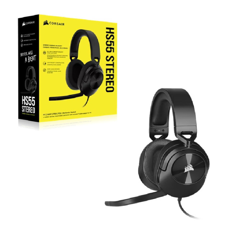 Corsair HS55 STEREO Wired Gaming Headset - Carbon, 50mm drivers, 20Hzâ20kHz, wired 3.5mm stereo, multi-platform support (PC/PS