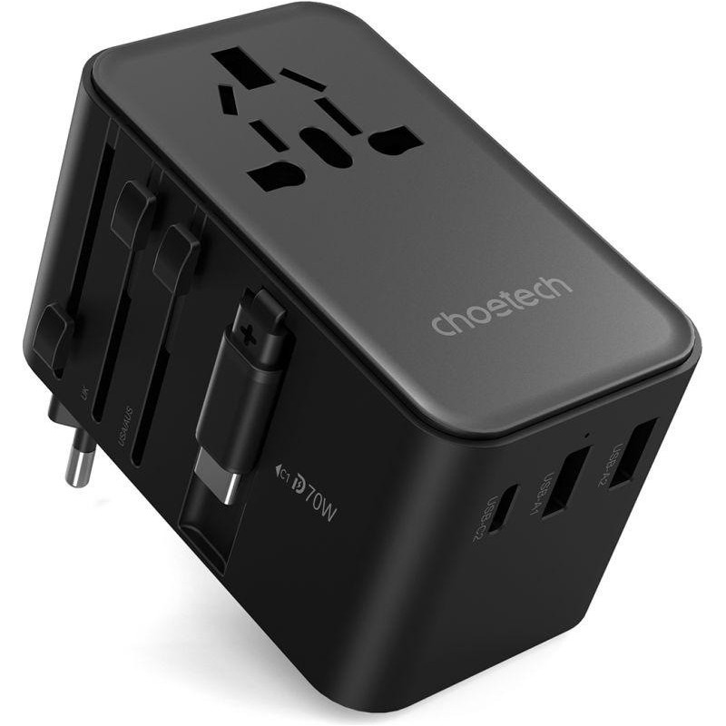 CHOETECH PD5022 70W EU/US/AUS/UK Travel Adapter with Built-in USB-C Cable - Black