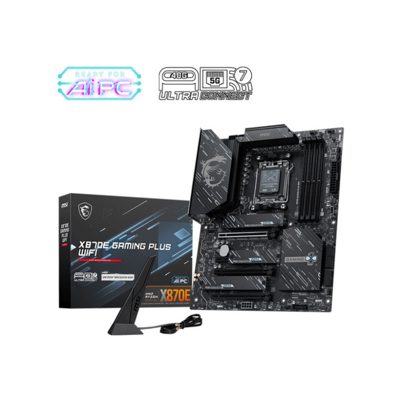 MSI X870E GAMING PLUS WIFI, AM5, Ryzen 7000-9000, X870E, DDR5-8200+, PCIe5 x16, M.2 Gen5, WiFi7, BT5.4, 5G LAN, USB4, USB20G, Au