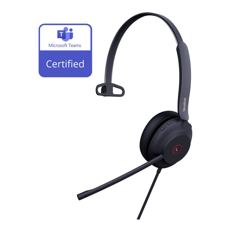 Yealink UH37 Microsoft Teams Certified USB Wired Headset, Mono, USB-A 2.0, 35mm Speaker, Busylight, Leather Ear Cushion, HD Audi
