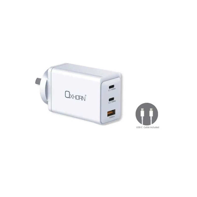 Oxhorn Charger Accessories AC 100W GaN Type C fast Charger 3 Ports 2xUSB-C 1xUSB-A PD3.0 QC4.0+ PPS for Laptop/Mobile/Tablet/Oth