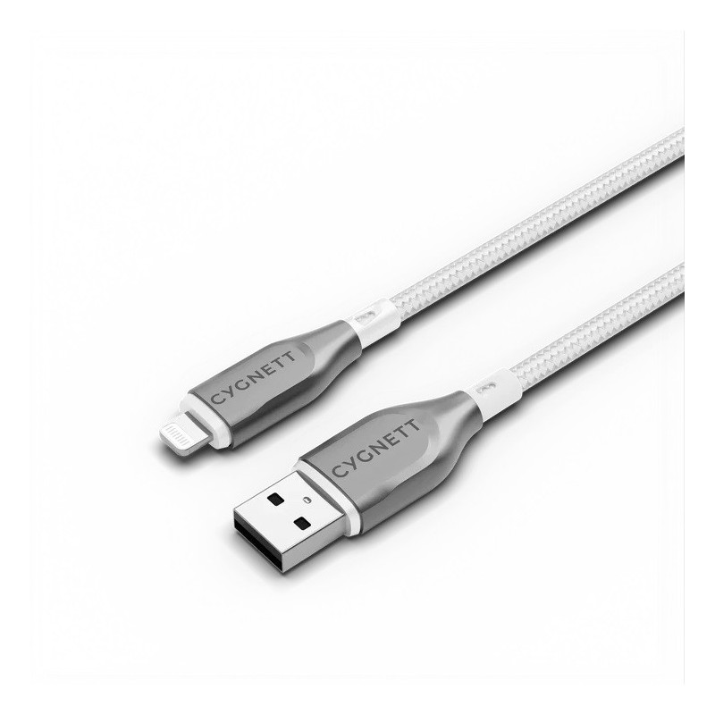 Cygnett Armoured Braided Lightning to USB-A (2.0) (2M) Cable - White (CY4661PCCAL), 2.5A/12W, 480Mbps, Turbo Charge, Apple iPhon