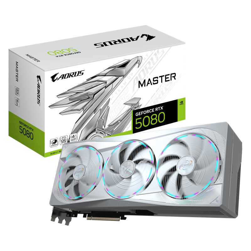 Gigabyte AORUS GeForce RTXâ¢ 5080 MASTER ICE 16G, 2805 MHz, CUDA 10752, 30 Gbps, GDDR7, 256 bit, PCI-E 5.0, PSU 850W, DisplayPo