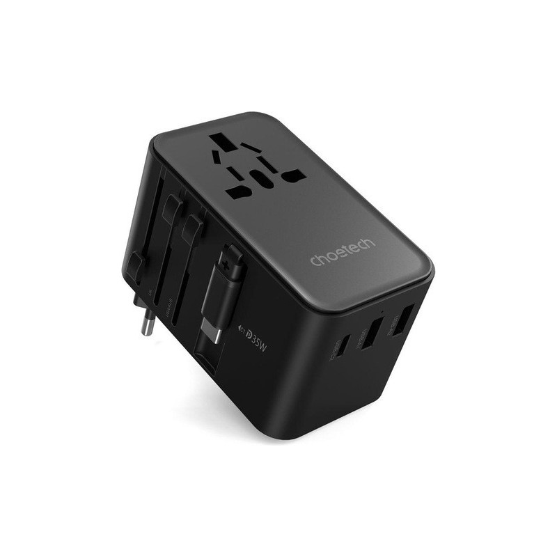 CHOETECH PD5020 35W EU/US/AUS/UK Travel Adapter with Built-in USB-C Cable - Black