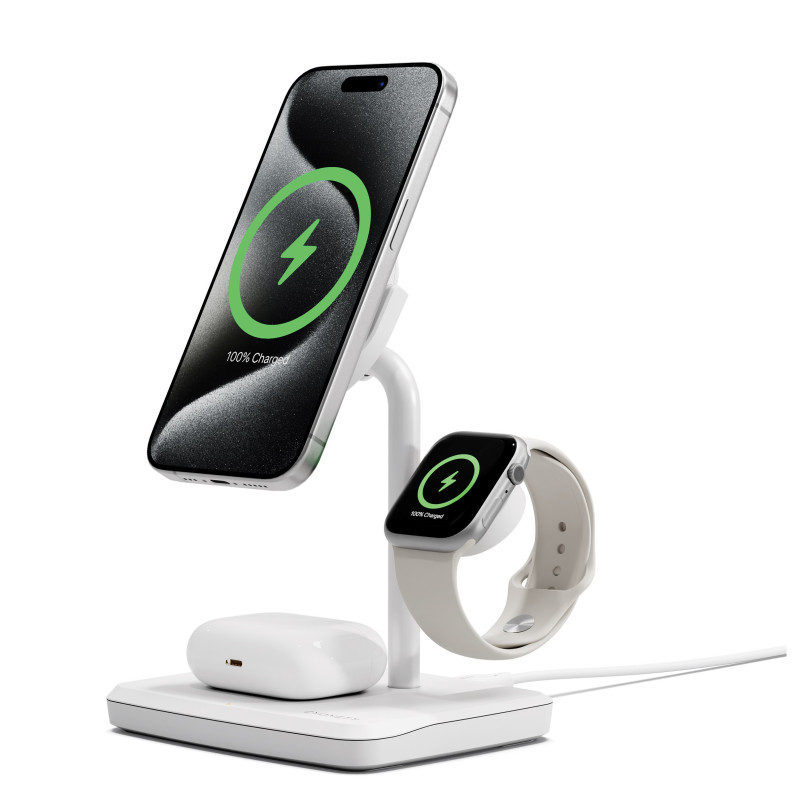 Cygnett ChargeBase Qi2 3-in-1 Magnetic 15W Wireless Charger-White(CY5070BUNCP),1.2M USB-C Cable,5W Watch Charger, 180Â° Swivel H