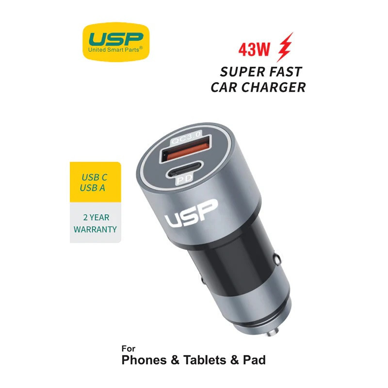 USP 43W Dual Port Fast Car Charger - Silver, 1xUSB-C(25W PD), 1xUSB-A(18W QC 3.0), Compact and Lightweight, 2 Years Warranty