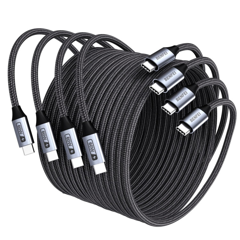 BENFEI 000382GY-4P USB C Fast Charging 60W Cable, 4-Pack(3.3ft/1M x 2 + /6.6ft/2M x 2) Nylon Braided Cable for I-phone 15/16/17 