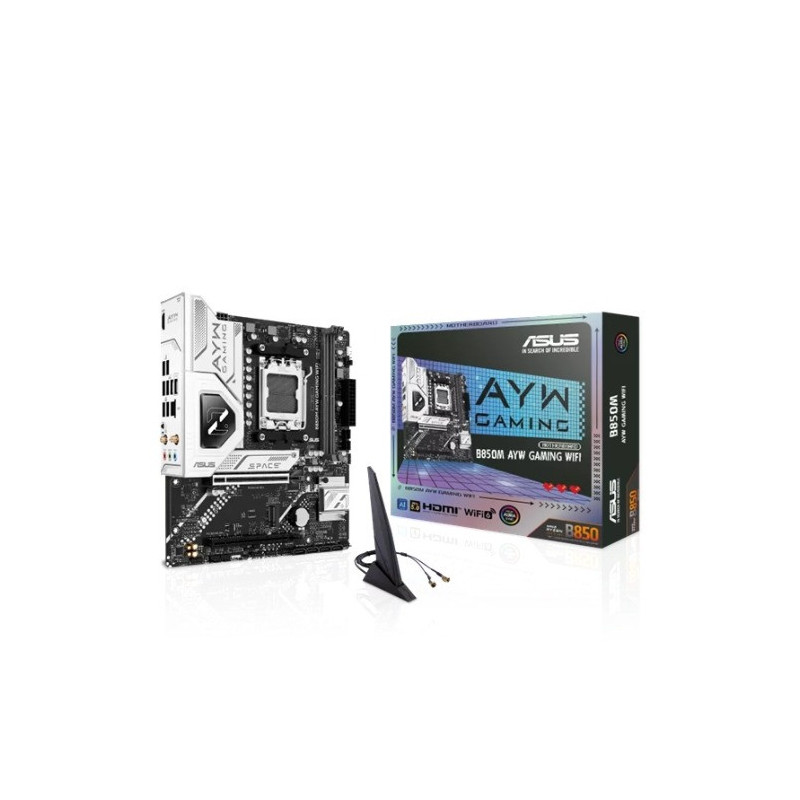 ASUS AMD B850M AYW GAMING WIFI, AM5, 2DIMM, 128GB DDR5, 8200+MT/s, PCIe5.0 x16, x2 M.2, WiFi6, 2.5GbE, USB 10Gbps, HDMI2.1