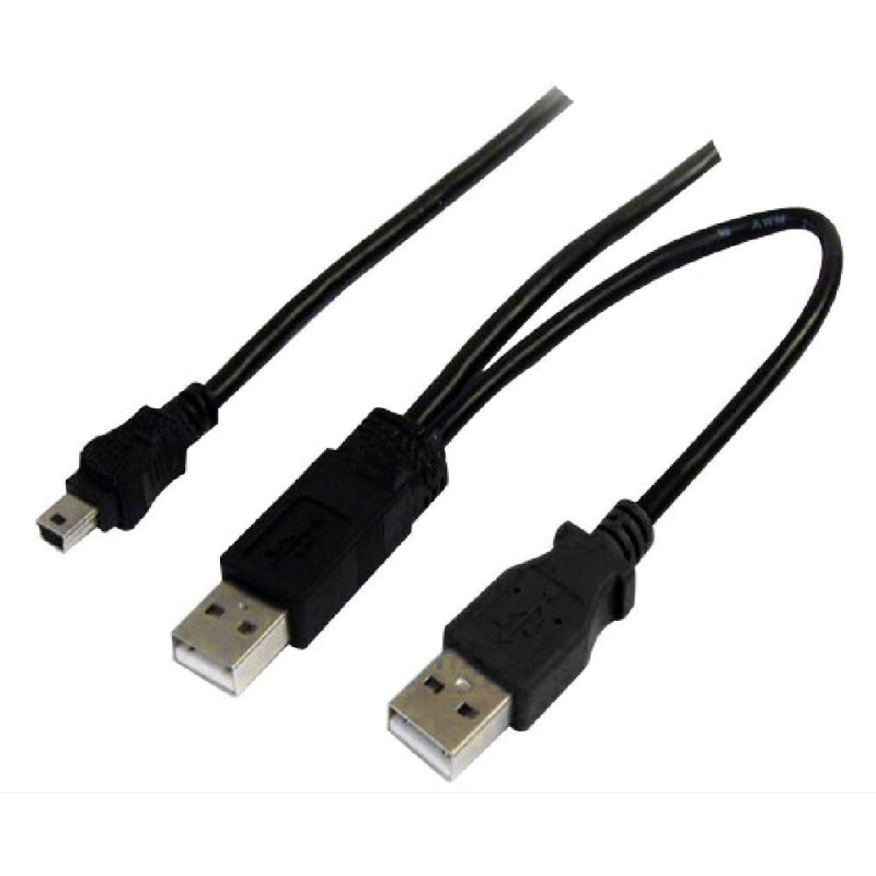 USB 2.0 Y Splitter Cable - Type A M to Mini B 5 pins 1m + USB Type A M
