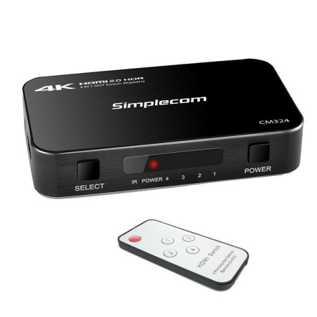 Simplecom CM324 4 Port 4K HDMI 2.0 Switch with IR Remote