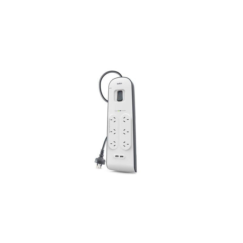 Belkin 6 Outlet Surge Protector with 2 USB Ports (2.4A) - 2m Cord (BSV604AU2M)