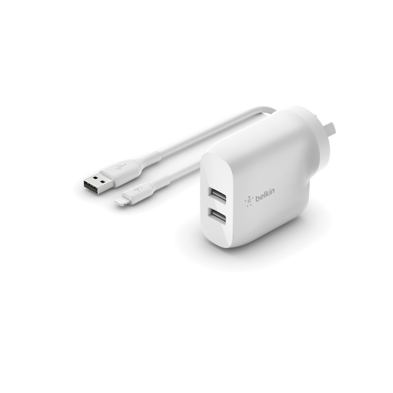 Belkin BoostCharge Dual USB-A Wall Charger 24W + Lightning to USB-A Cable - For Apple Devices - White