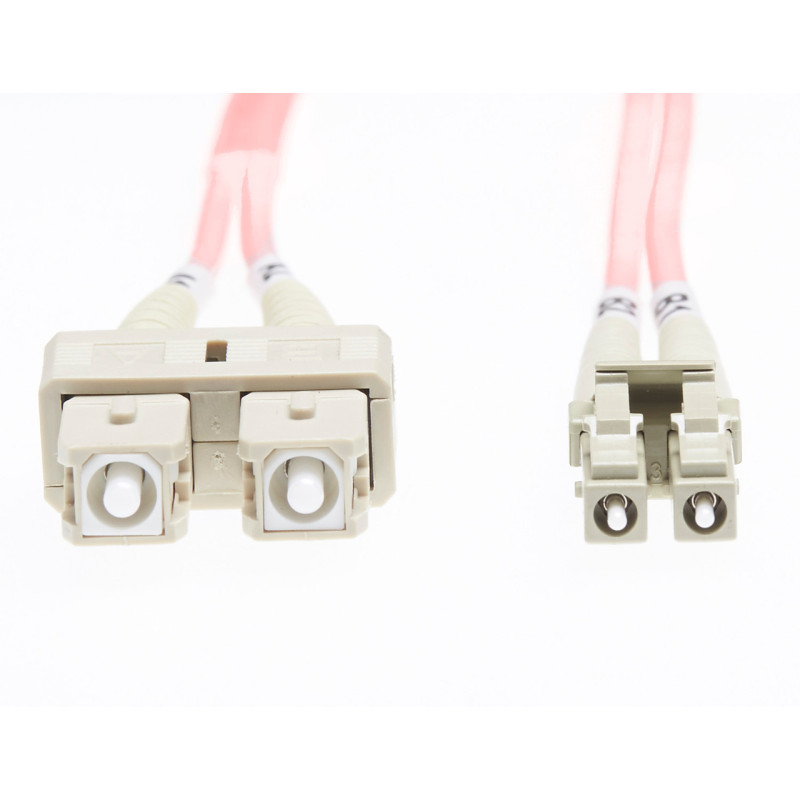1m LC-SC OM4 Multimode Fibre Optic Cable: 2mm Oversleeving - Salmon Pink