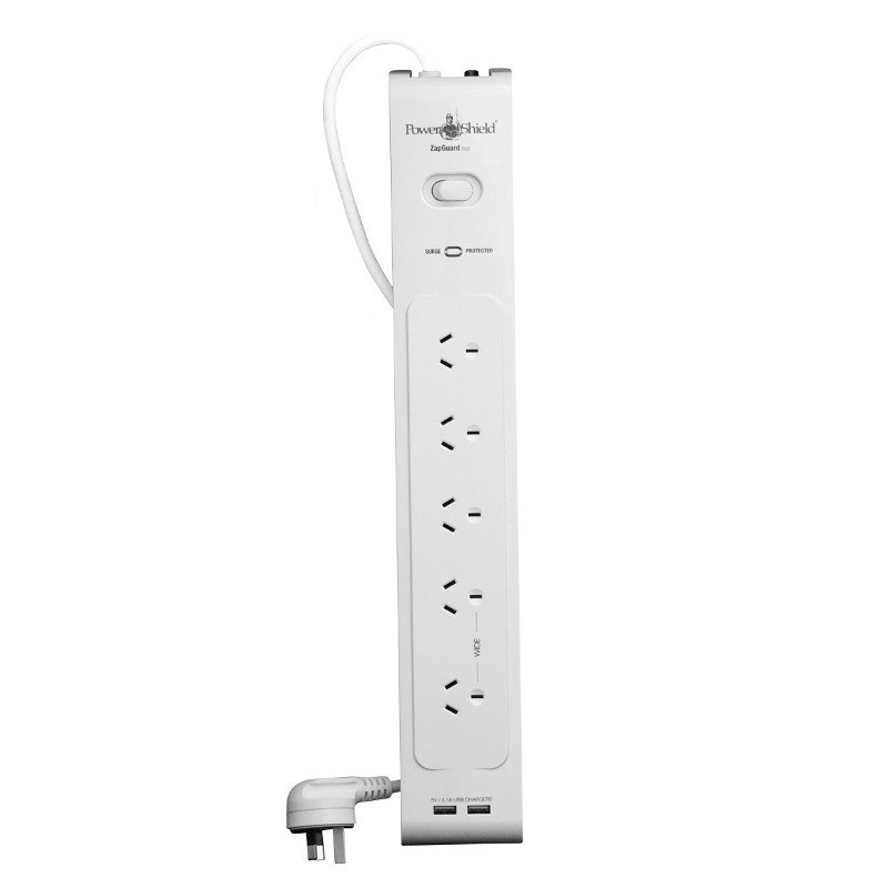 PowerShield PSZ5U2 ZapGuard 5 Way Power Surge Filter Board - 2 x USB Connectors - Wide Spaced Sockets - Wall Mountable - White -