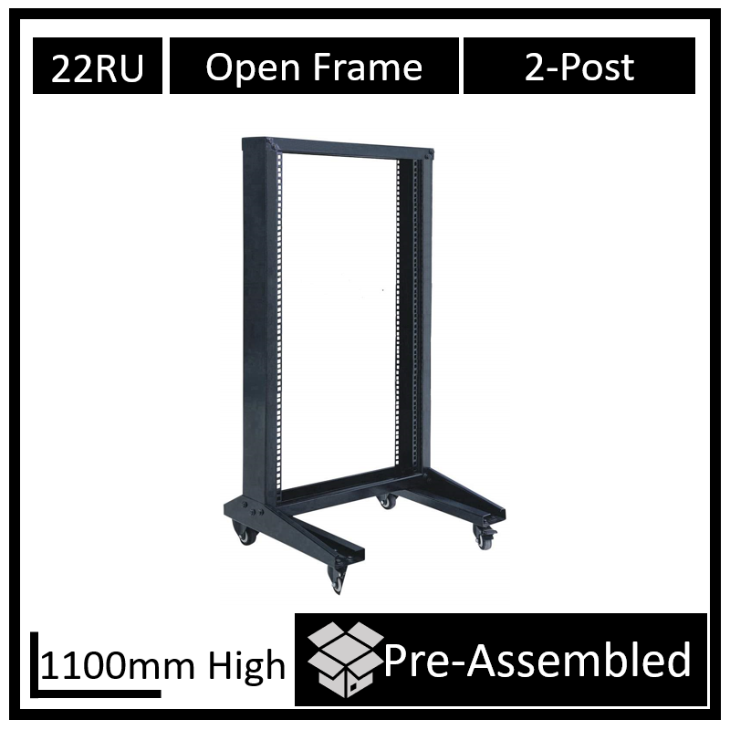 LDR Flat Packed 22U 2-Post Open Frame Rack - Black Metal Construction