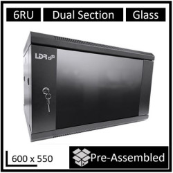 LDR Assembled 6U Hinged Wall Mount Cabinet (600mm x 550mm) Glass Door - Black Metal Construction - Top Fan Vents - Side Access P