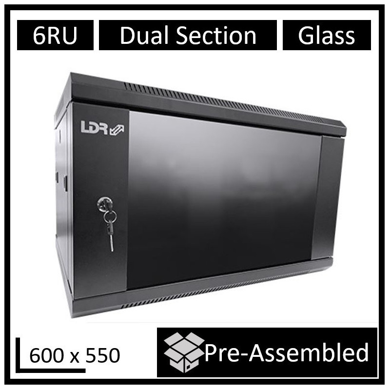 LDR Assembled 6U Hinged Wall Mount Cabinet (600mm x 550mm) Glass Door - Black Metal Construction - Top Fan Vents - Side Access P